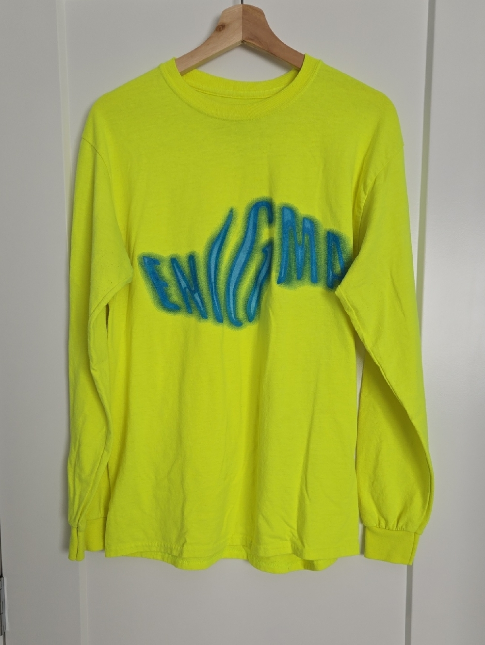 Neon Yellow Long-Sleeve Graphic Tee with Blue Chest Print